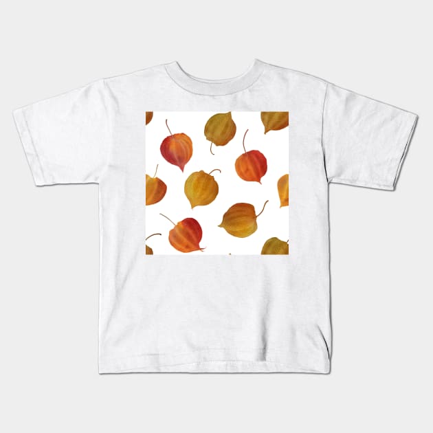 Fall Physalis buds red, orange seamless watercolor pattern. Cape gooseberry flowers. Colorful Golden berry. Autumn berries floral print Kids T-Shirt by likapix